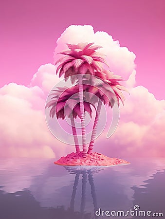 pink palm trees on a small island in sea. Generative AI Stock Photo