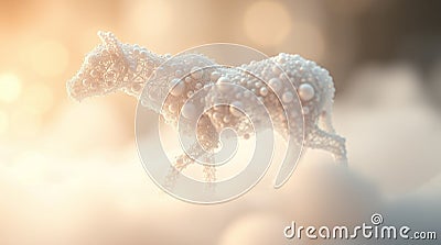Abstract canine figure, crafted from delicate netting and adorned with spherical elements, striding through a soft, ethereal Stock Photo