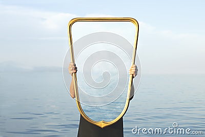 Surreal image of a transparent mirror concept of door to freedom Stock Photo