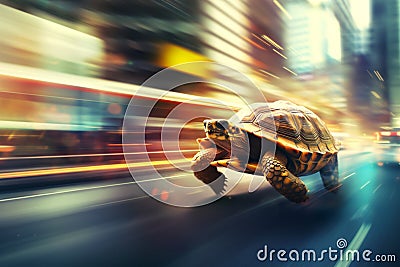 Surreal image of a turtle speeding through the urban jungle Stock Photo