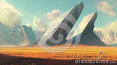 A surreal, immersive landscape where flat, 2D fields stretch out in front of towering 3D mountains and abstract structures Cartoon Illustration