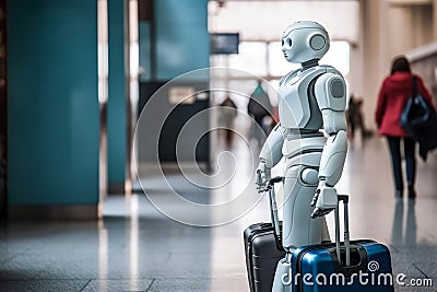 Surreal impact of AI on jobs, fired business people leaving the office. Humanoid AI robots waiting for a new job. Generative AI Stock Photo