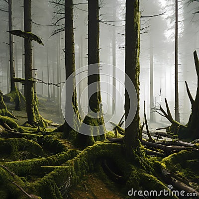 A surreal interpretation of a forest, with twisted trees and strange creatures lurking in the shadows4, Generative AI Stock Photo