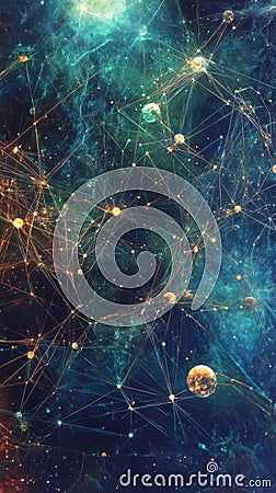 Surreal Interpretation of a Network with Floating Nodes and Cosmic Elements Stock Photo