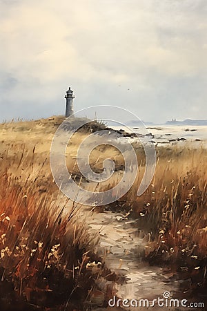 The Surreal Journey: A Lighthouse Hill Path to the Marshes and B Stock Photo