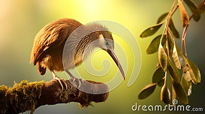 Surreal Kiwi: Bokeh Panorama Of A Brown Bird Perched On A Branch Stock Photo