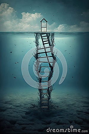 Surreal ladder rises up into the sky in a silent sea landscape Stock Photo