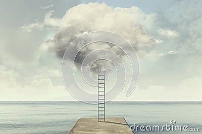 Surreal ladder rises up into the sky in a silent sea view Stock Photo