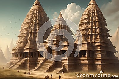 Surreal landscape with ancient vedic constructions Cartoon Illustration