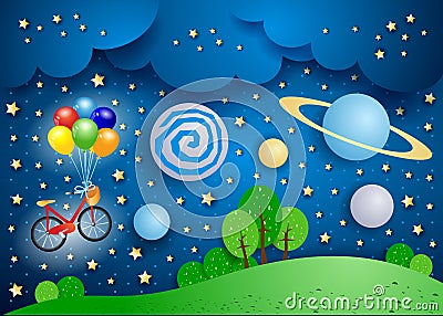 Surreal landscape with big planets and bicycle Vector Illustration