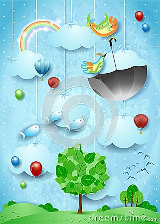Surreal landscape with big tree, flying umbrella and fishes Vector Illustration