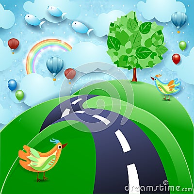 Surreal landscape with big tree, hill, birds, balloons and flying fishes Vector Illustration