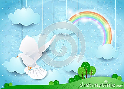 Surreal landscape with dove and hanging clouds Vector Illustration