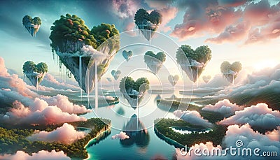 Surreal Landscape with Floating Heart-Shaped Islands Stock Photo