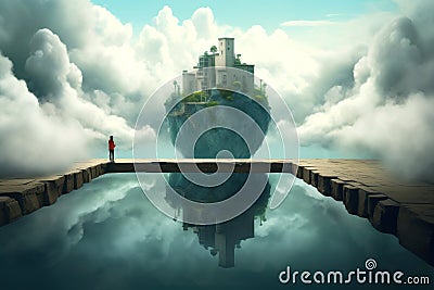 Surreal landscape with a flying piece of land and a house on it. A man in red clothes stands on a stone parapet and looks on a Stock Photo