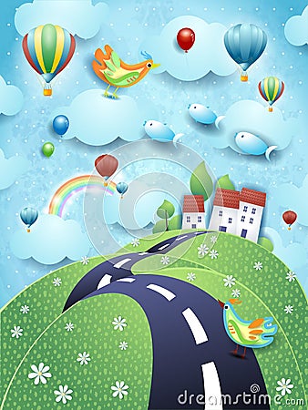 Surreal landscape with hill, road and flying fishes Vector Illustration