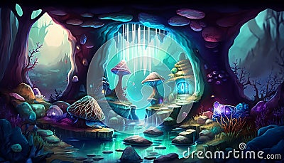surreal landscape with a huge cave illuminated by many colors, surrounded by glowing mushrooms Stock Photo
