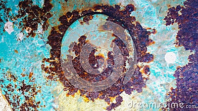 Surreal landscape image with a circular pattern, mixture of paints and layers of rust Stock Photo