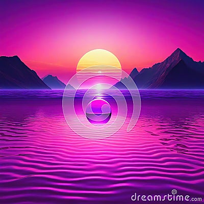 Surreal landscape with mountains and sunset pink sea with floating spheres on surface of Long horizontal Artistic original Cartoon Illustration