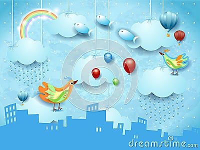 Surreal landscape with skyline, rain, ballons, birds and flying fisches Vector Illustration