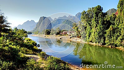 Surreal landscape by the Song river at Vang Vieng, Lao Stock Photo