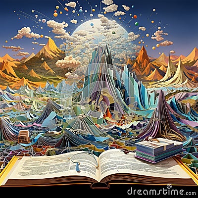 Surreal landscape of vibrant ledger book mountains with cascading pages Stock Photo
