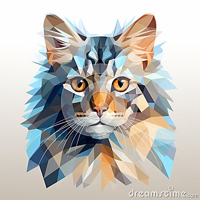Surreal Low Poly Cat Portrait In Light Sky-blue And Dark Amber Cartoon Illustration