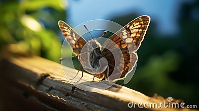 Surreal Mafia Dingy Skipper Butterfly On Wooden Board - Uhd Time-lapse Photography Stock Photo