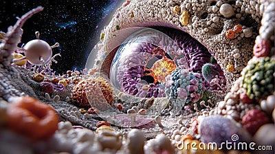 A surreal microcosm combining vivid cellular forms and cosmic elements, blending science and imagination in an artistic Stock Photo