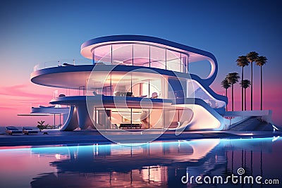 surreal, minimalist architecture with a stark and futuristic design, illuminated by ethereal, neon lighting. Stock Photo