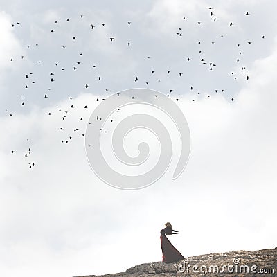 Surreal moment of a free woman who takes a breath in the middle of nature Stock Photo