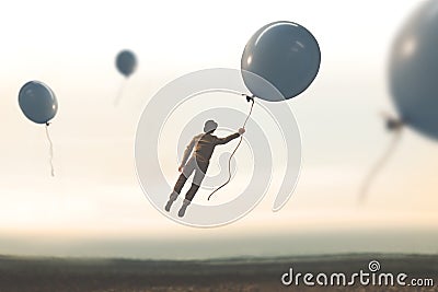 Surreal moment, man flying away with a big balloon Stock Photo