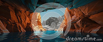 Surreal Mountain Cave with Calm Waters. Perfect for Wallpapers. Stock Photo