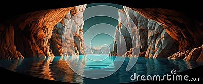 Surreal Mountain Cave with Calm Waters. Perfect for Wallpapers. Stock Photo