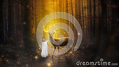 Fantasy Nature Landcape, Girl, Deer, Buck Stock Photo