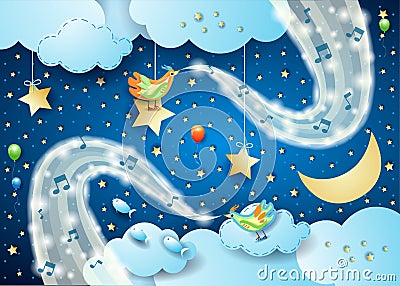 Surreal night with birds, musical notes and waves of sparkles Vector Illustration