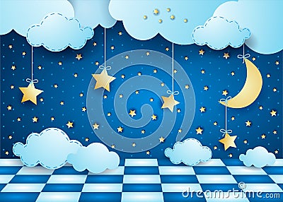 Surreal night with hanging moon, clouds and floor Vector Illustration