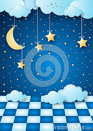 Surreal night with hanging moon, clouds and floor Vector Illustration