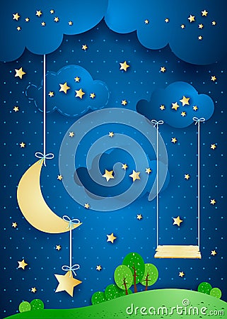 Surreal night with hanging moon and seesaw Vector Illustration