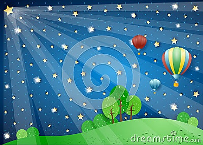 Surreal night with lights and hot air balloons Vector Illustration