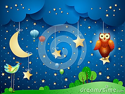 Surreal night with owl over the star. Cartoon Illustration