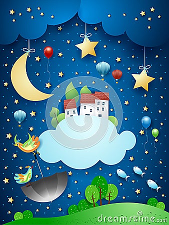 Surreal night with village over the clounds, flying umbrella Vector Illustration