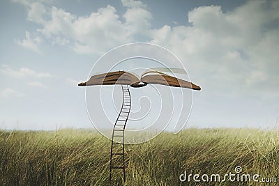 Surreal open book flies in the sky connected to the ground by a ladder Stock Photo