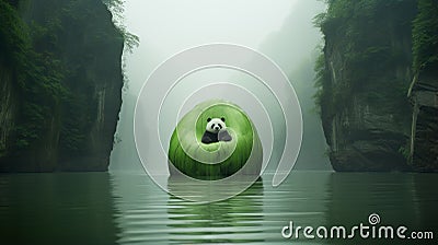 Surreal Panda On Enormous Green Pumpkin: A Dreamy Architectural Landscape Stock Photo
