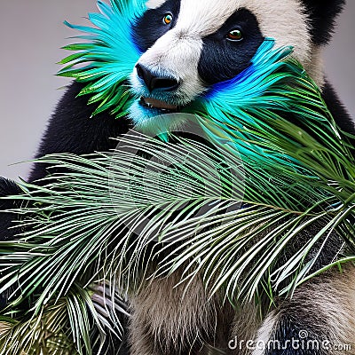 A surreal panda with peacock feathers, showcasing a stunning display of iridescent patterns1, Generative AI Stock Photo