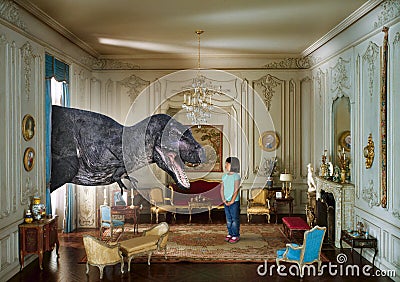 Surreal Pet Dinosaur, Imagination, Girl, Children Stock Photo