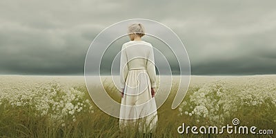 Surreal photo of a girl in nature, flower field, stock, woman beauty, blonde, redhead, Generative AI Stock Photo