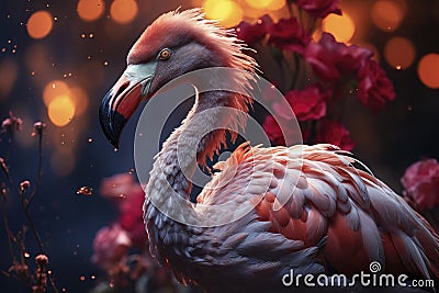 Surreal pink flamingo in a night blooming garden with flowers, AI Generated Cartoon Illustration