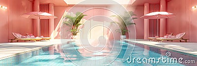 A surreal pink-toned poolside AI Generated Stock Photo
