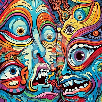 Surreal psychedelic colorful backdrop with faces. Generative AI Stock Photo